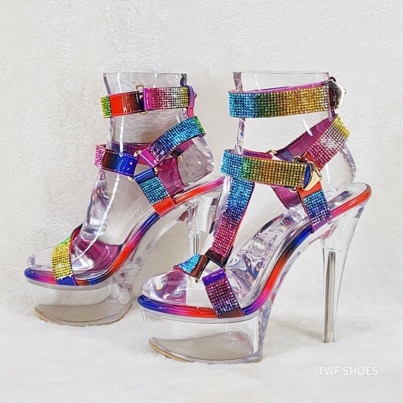 Bulls Rainbow Rhinestone Harness Strap Clear Platform Heels - Picture 8 of 16